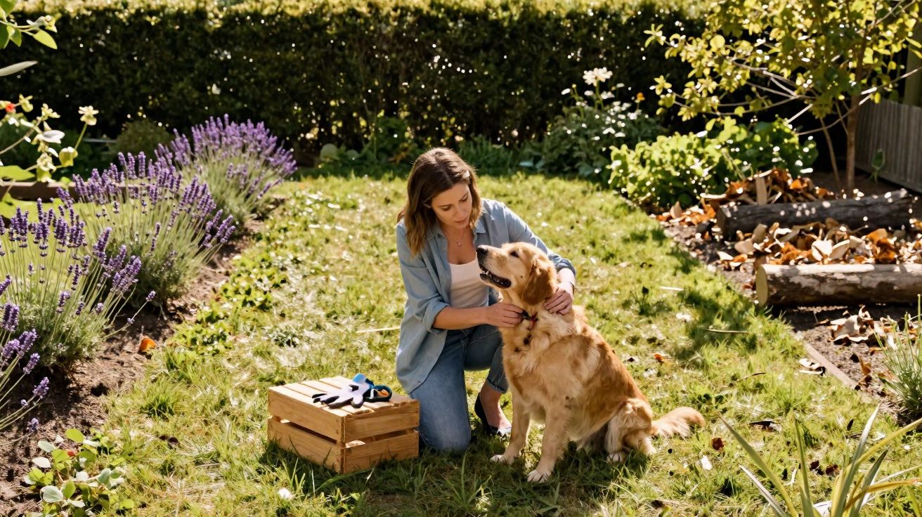 Mulher a fazer carinho num cão dourado num jardim com arbustos e flores, ao lado de uma caixa de madeira.