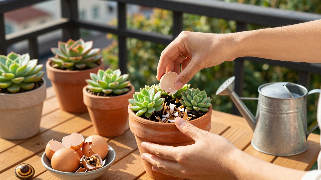 Mãos a colocar cascas de ovo trituradas em vaso com plantas suculentas numa varanda com regador.