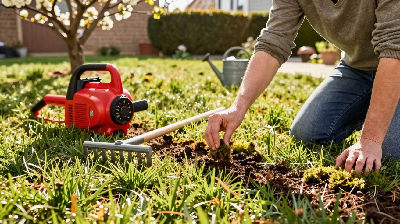 Pessoa a remover ervas daninhas num jardim com ancinho e insuflador vermelho ao fundo.