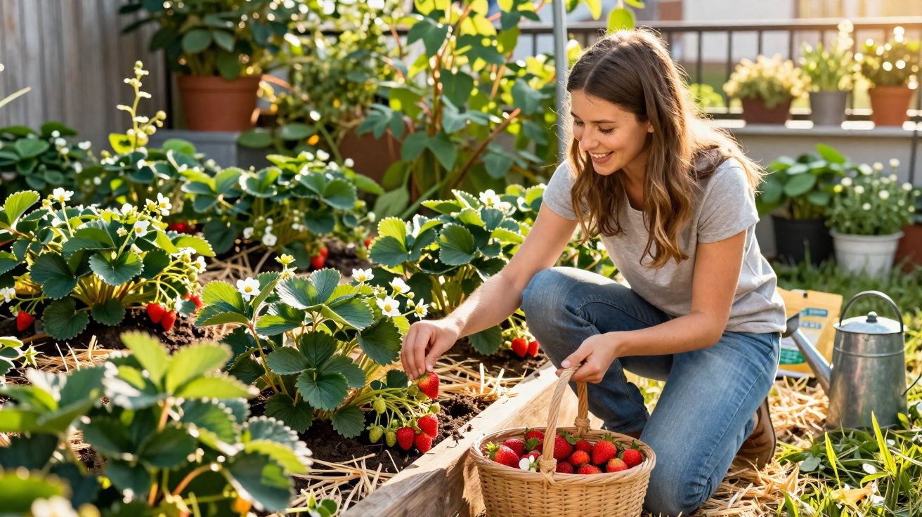 Mulher jovem colhe morangos maduros num jardim soalheiro com cesta e regador ao lado.