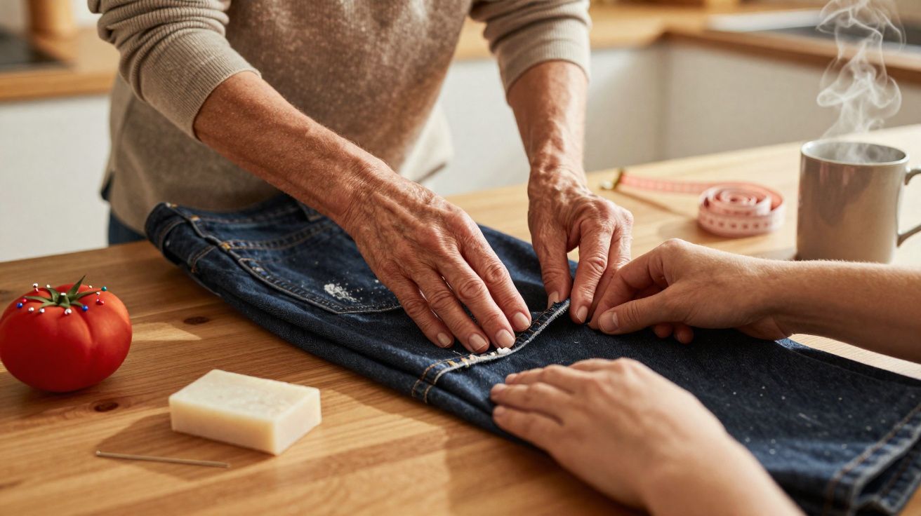 Mãos de duas pessoas a pregar botões num jeans num ambiente caseiro junto a objetos de costura.
