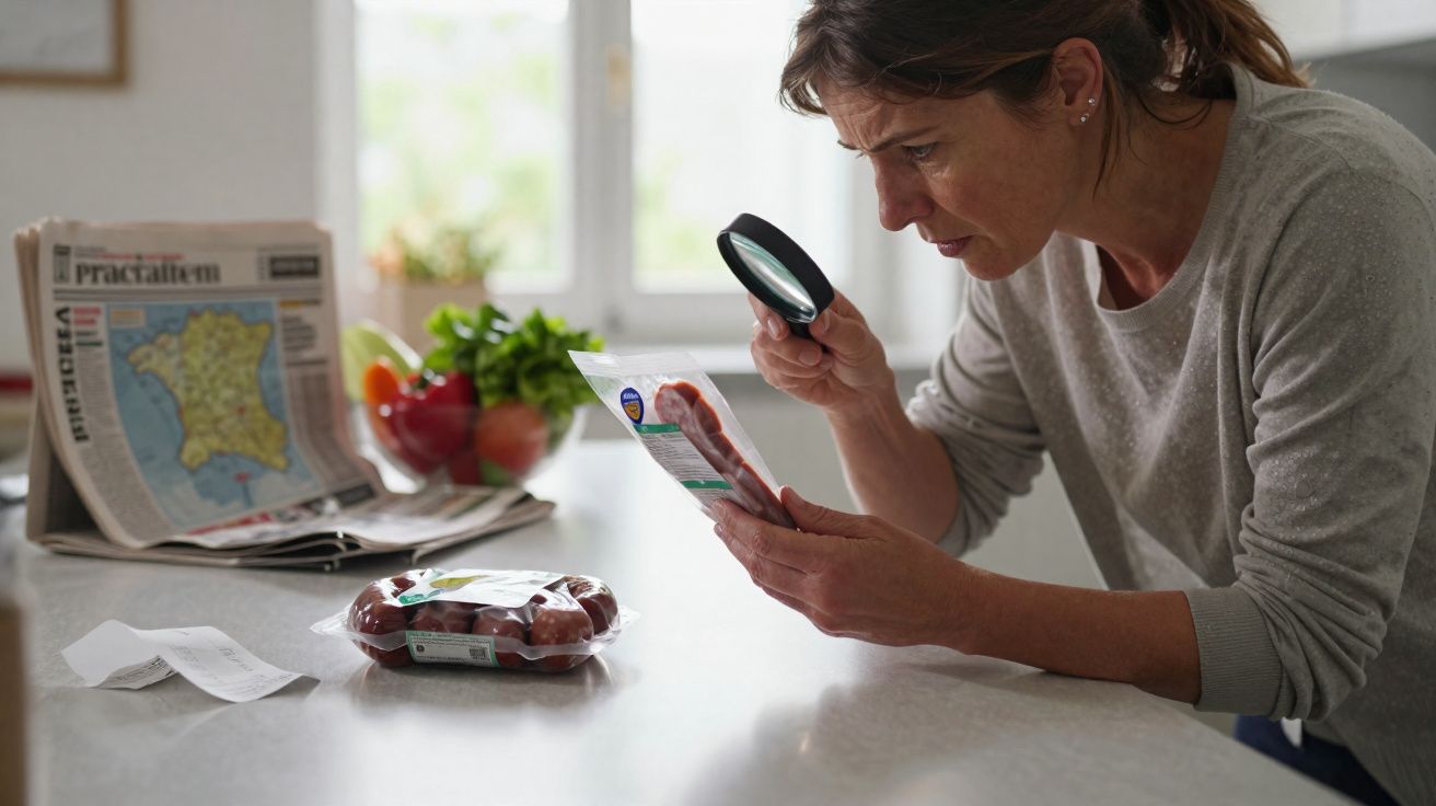 Mulher analisa rótulo de embalagem de carne com lupa numa cozinha iluminada.