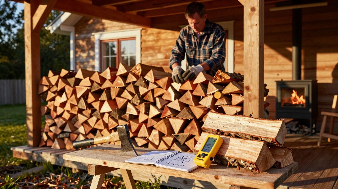 Homem empilhando lenha junto a casa de madeira com machado e caderno numa mesa à frente.