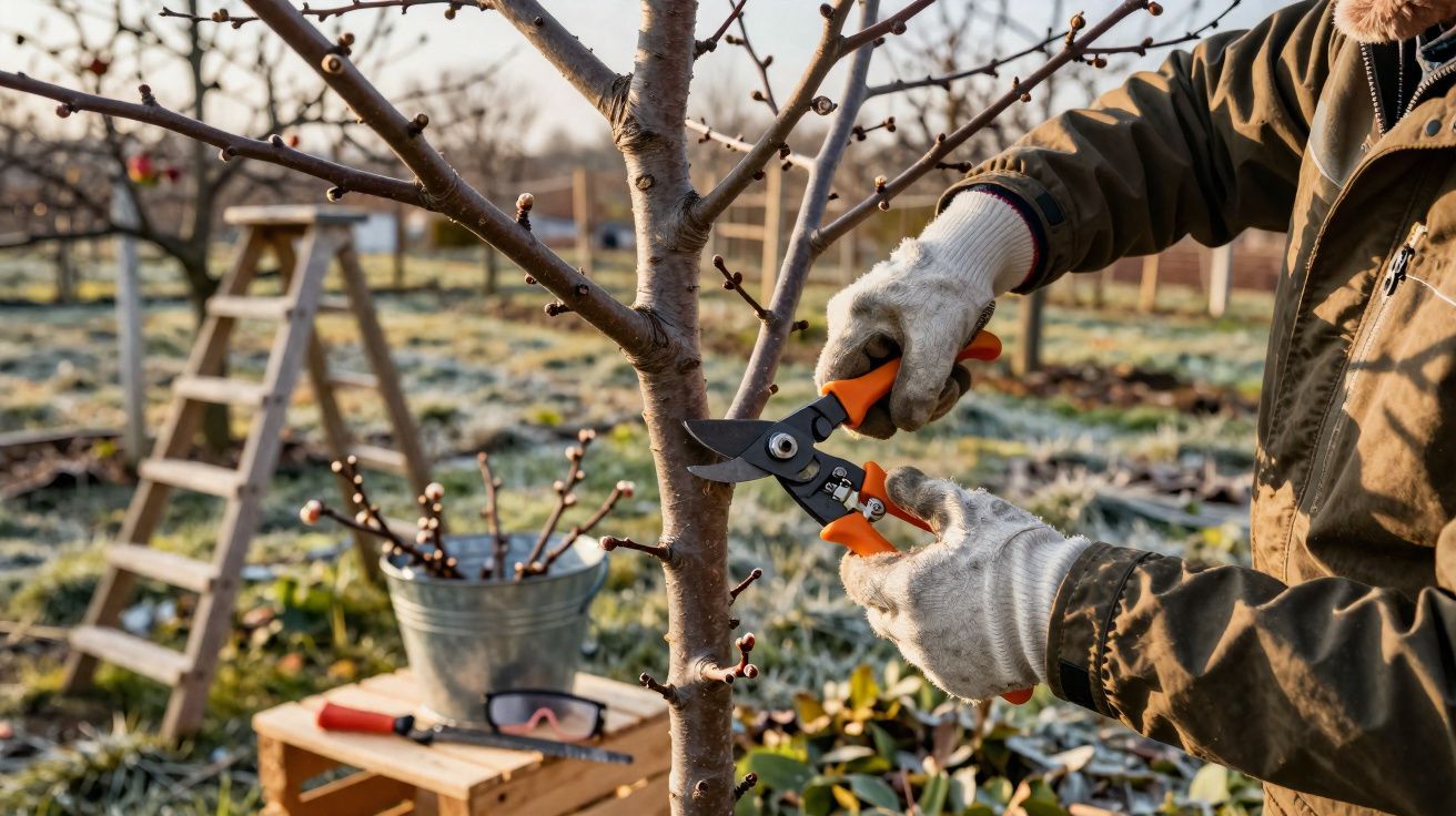 Pessoa a podar ramos secos de uma árvore jovem num pomar ao amanhecer.