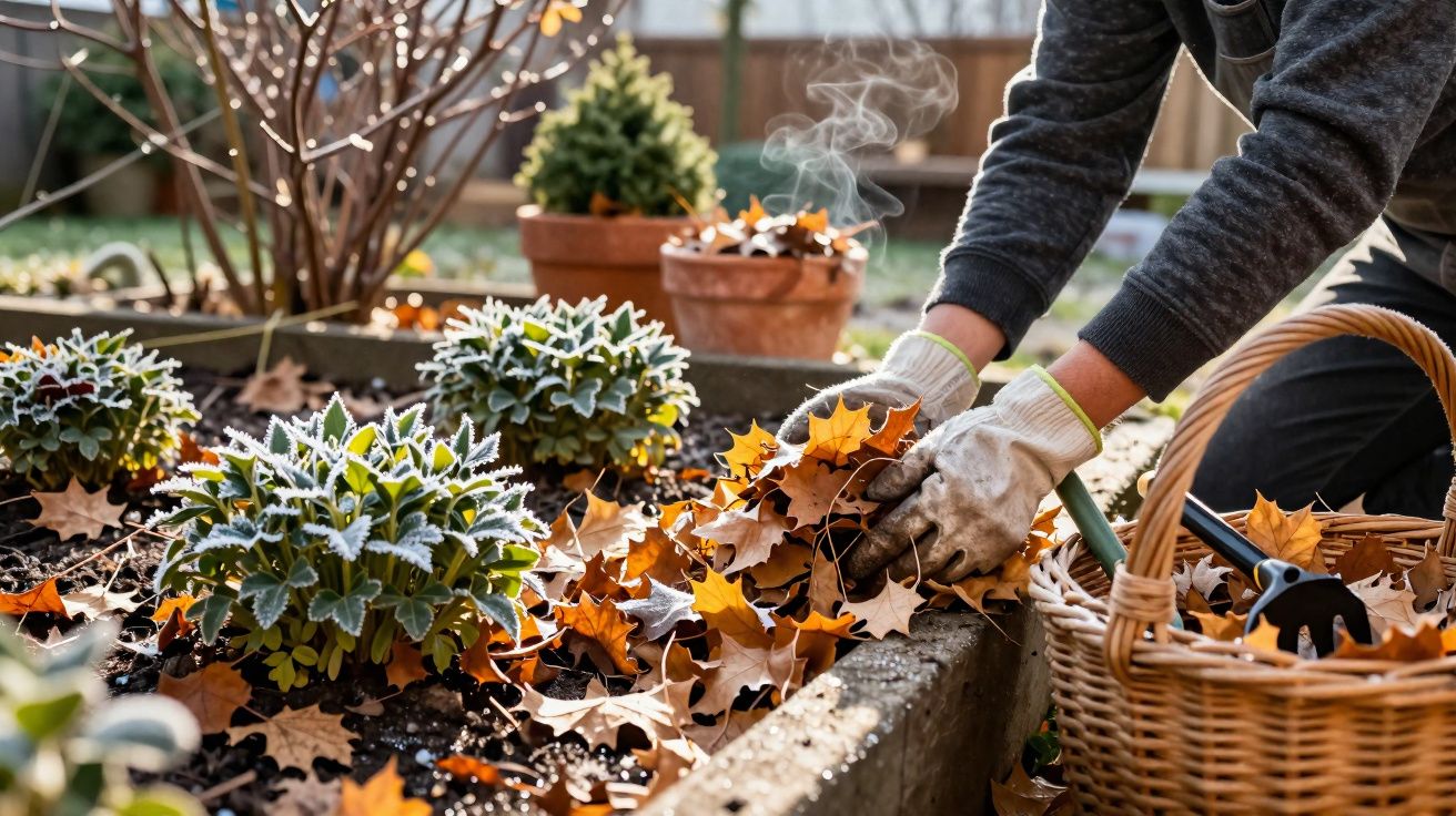 Pessoa com luvas a apanhar folhas secas num jardim com plantas e cesto de vime num dia de outono.