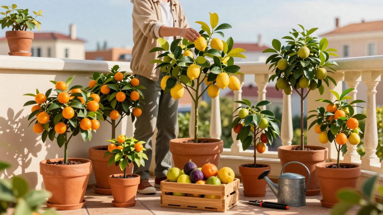 Pessoa a apanhar limões em vasos com árvores de citrinos numa varanda ensolarada com caixa de fruta variada.