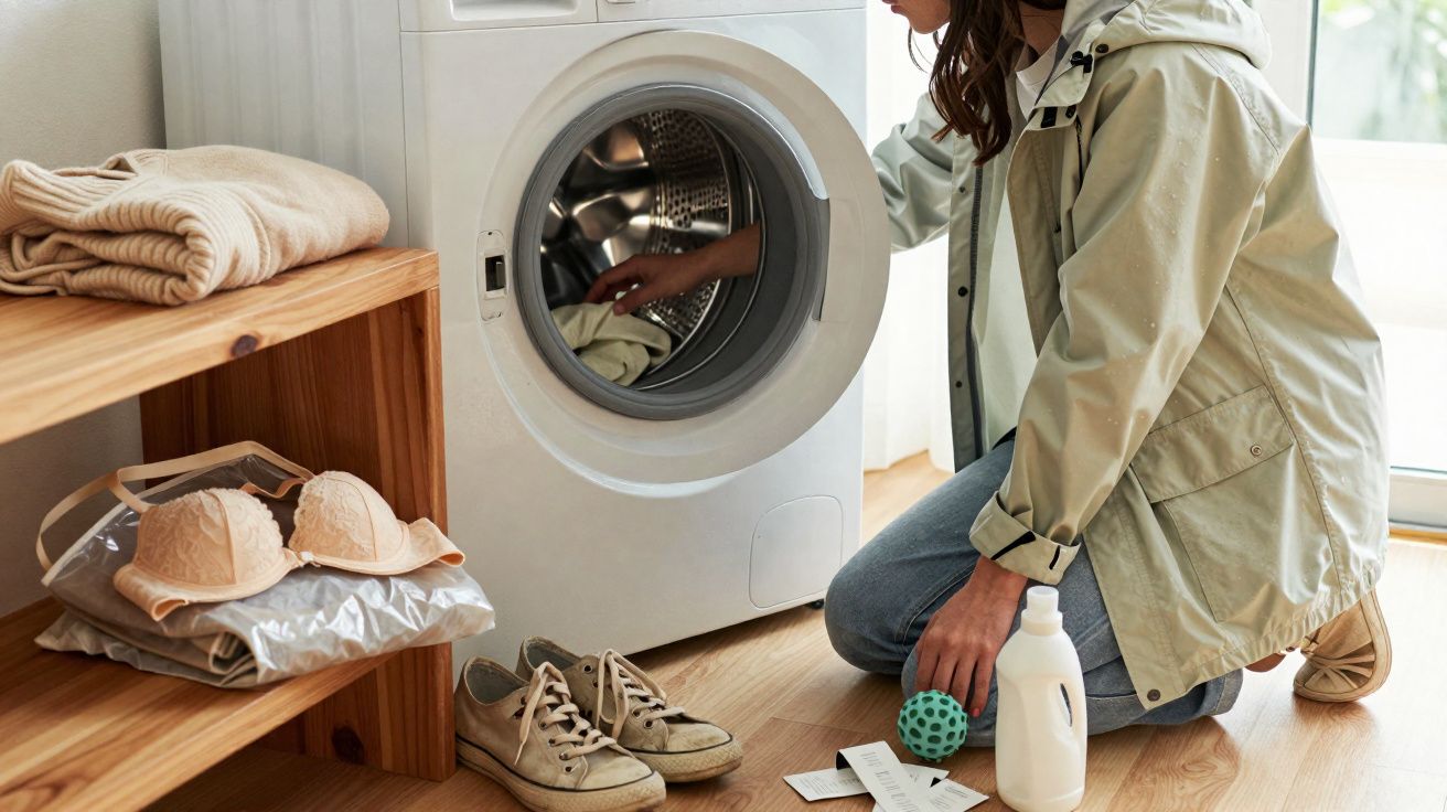 Pessoa a colocar roupa na máquina de lavar roupa numa divisão com sapatos e prateleira de madeira.