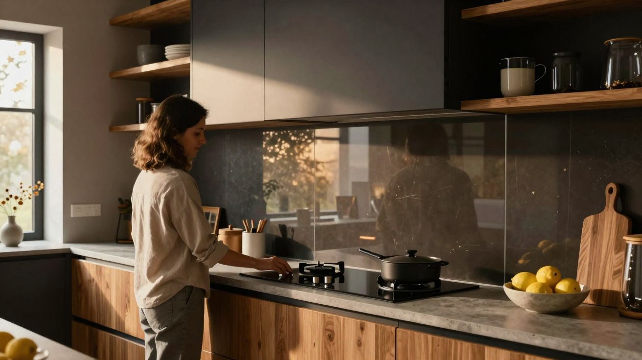 Mulher a cozinhar numa cozinha moderna com bancada de pedra e armários de madeira clara.