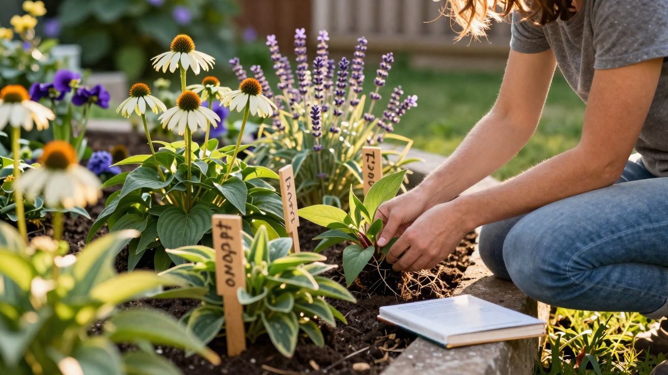 Pessoa a cuidar de plantas e flores num jardim com etiquetas de identificação e um caderno aberto ao lado.