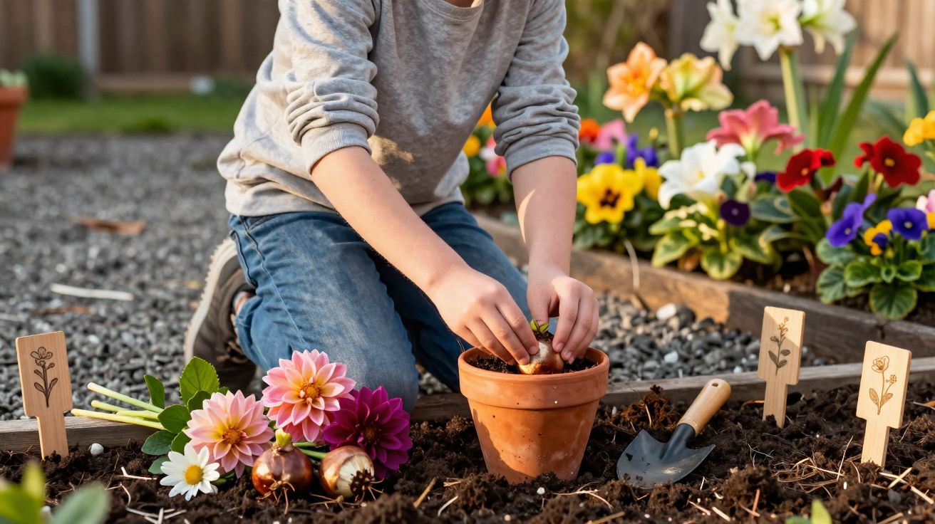 Pessoa a plantar uma flor num vaso de barro num jardim com flores coloridas ao fundo.
