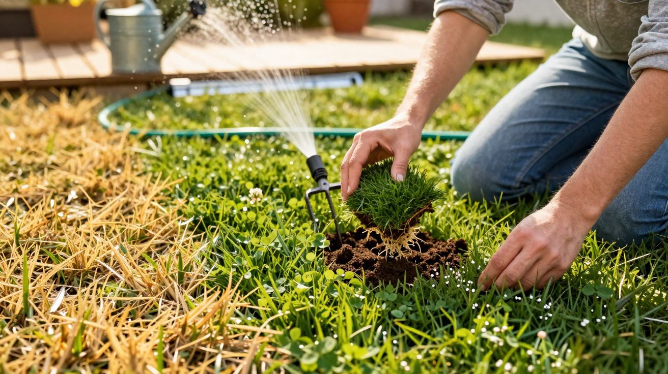 Pessoa a plantar relva verde num jardim enquanto o regador está ligado a um aspersor.