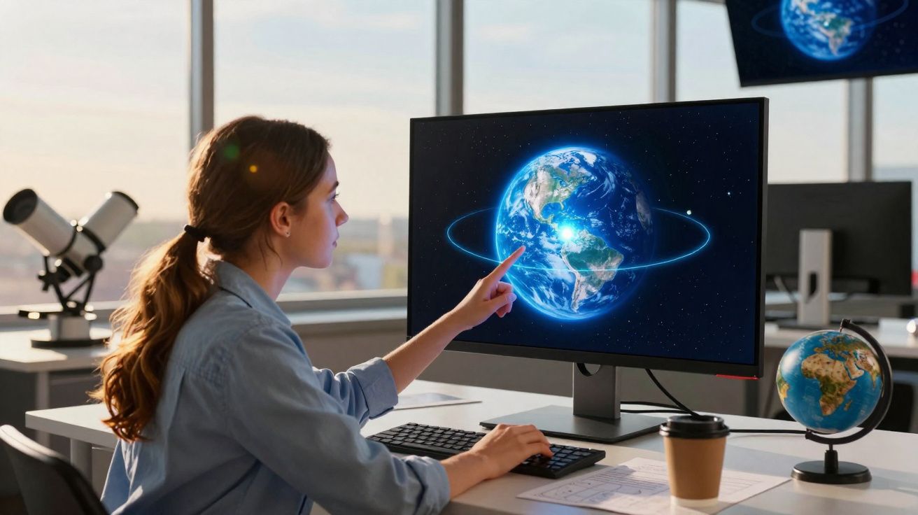 Mulher a estudar o planeta Terra ilustrado num ecrã de computador num escritório moderno com globo terrestre e telescópio.