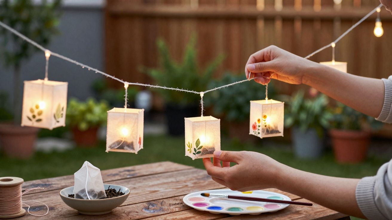 Mãos seguram luzes decorativas em forma de lanternas feitas à mão sobre mesa com material de pintura no jardim.