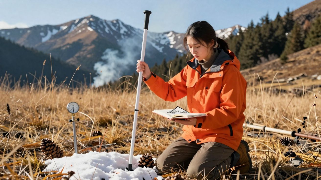 Mulher com casaco laranja estudando neve na montanha, rodeada por pinhas e vegetação seca.
