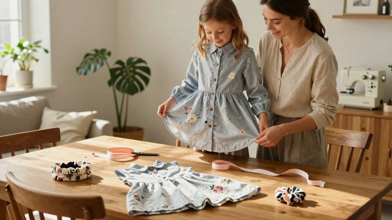 Mulher ajuda menina a vestir vestido azul, com outra peça de roupa e fita métrica sobre mesa de madeira.