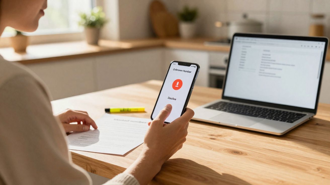 Pessoa sentada a rejeitar chamada de número desconhecido no telemóvel, com computador portátil e documentos na mesa.