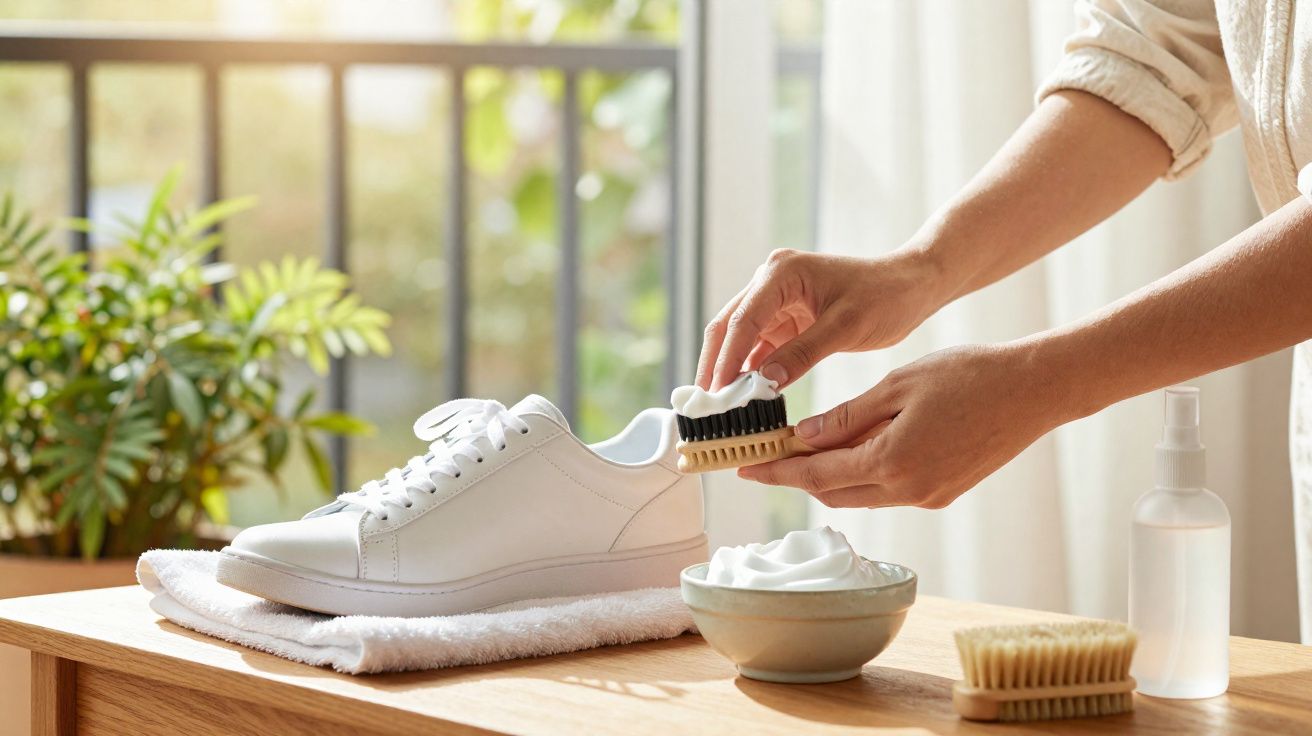 Pessoa aplicando creme com escova para limpar um ténis branco sobre toalha numa mesa de madeira.