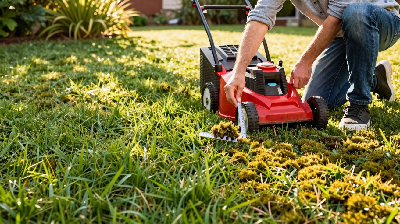 Pessoa a usar uma máquina de cortar relva vermelha para remover cardos a partir de um relvado verde.