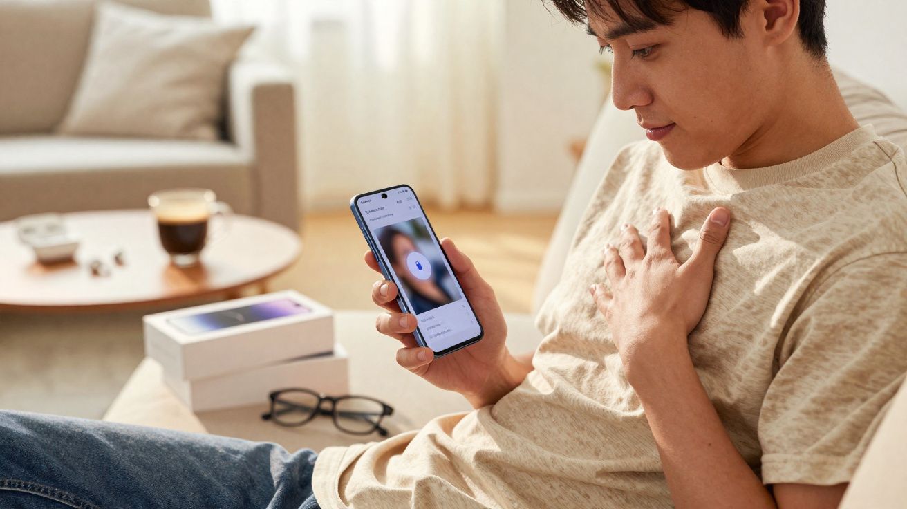 Homem sentado no sofá a usar smartphone com mesa, óculos e chá ao fundo numa sala iluminada.
