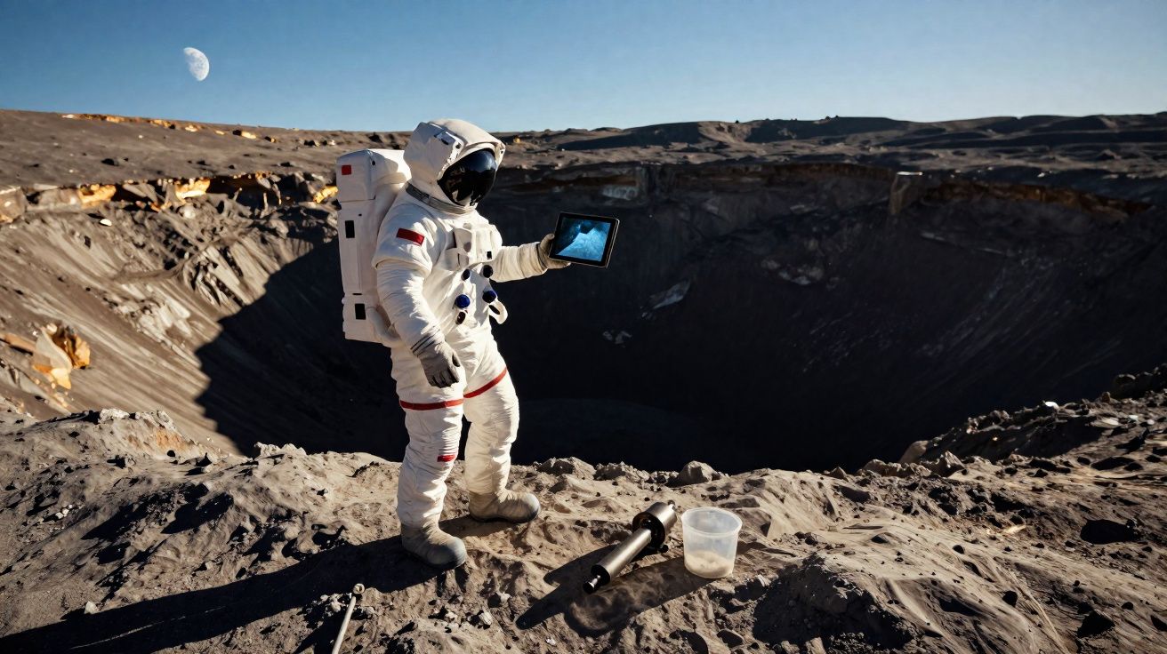 Astronauta junto a cratera lunar segura tablet com a imagem de um planeta sobre a superfície cinza e rochosa.