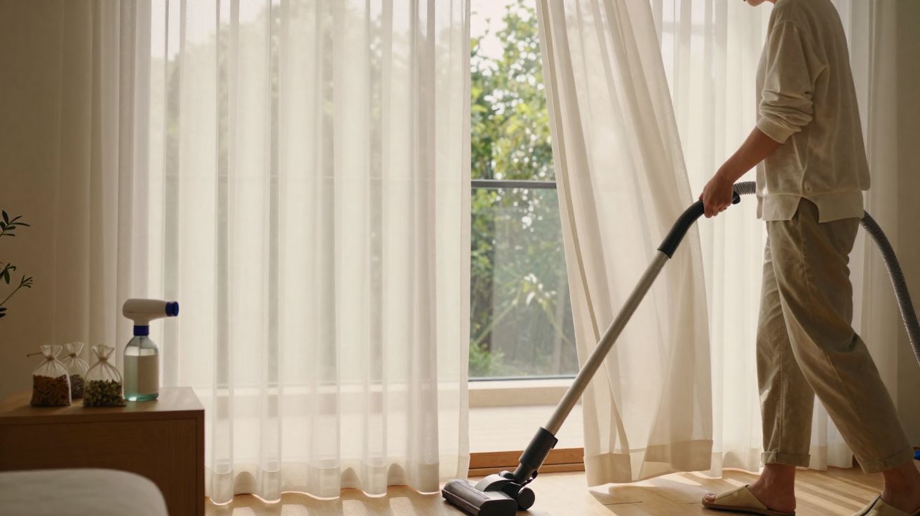 Pessoa a aspirar chão de madeira junto a janela com cortinas transparentes em sala iluminada.