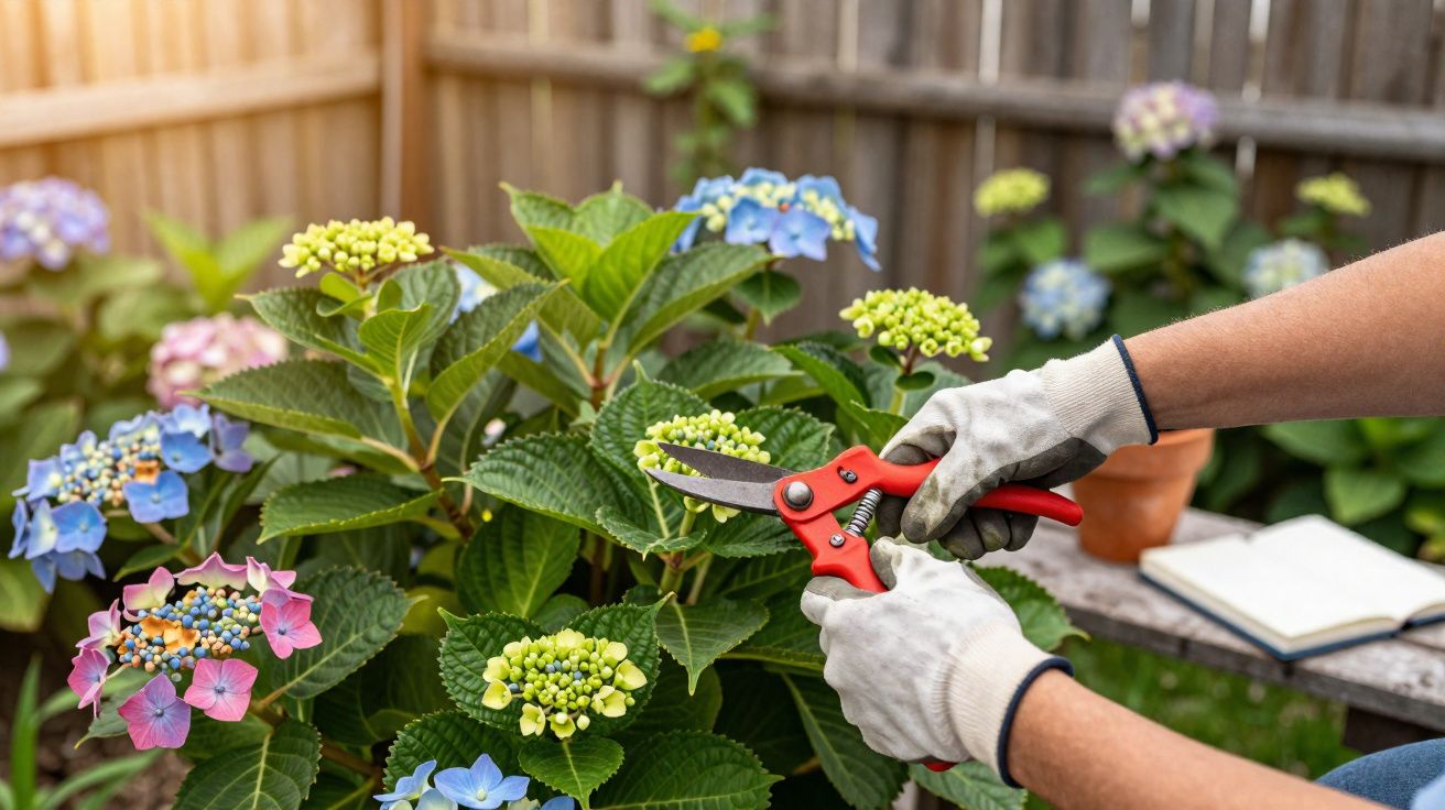 Pessoa a podar flores de hortênsia com tesoura de jardinagem num jardim ensolarado.