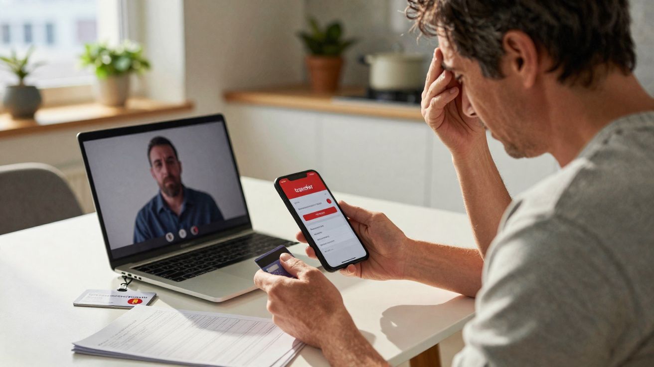 Homem preocupado a tentar aceder ao banco online no telemóvel, segurando cartão de crédito e computador à frente.