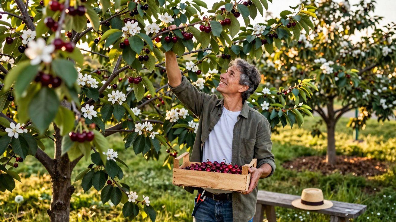 Homem colhendo cerejas maduras numa árvore, segurando caixa de madeira cheia de fruta, campo florido ao fundo.