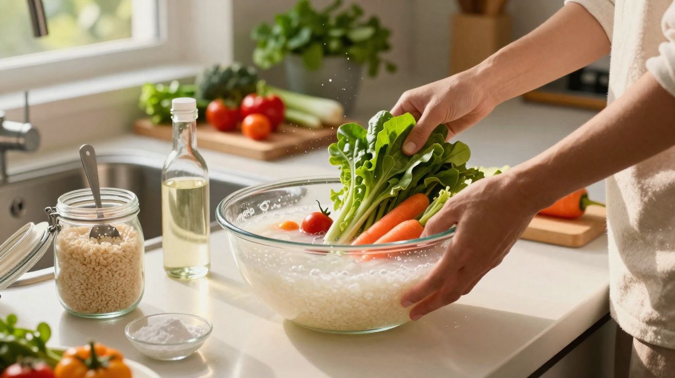 Mãos lavando verduras e legumes numa taça de vidro com água na bancada de cozinha iluminada.
