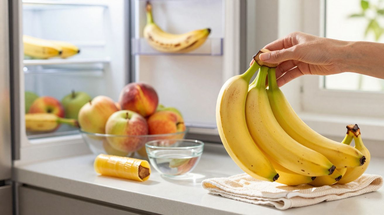 Mão a segurar cachos de bananas junto a uma geladeira aberta com maçãs e bananas no interior.