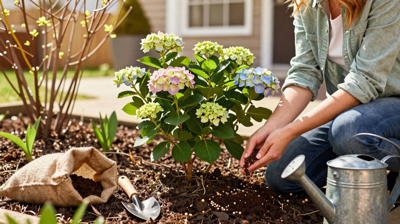 Pessoa a cuidar de planta florida numa jardinagem ao ar livre, com regador e enxada ao lado.