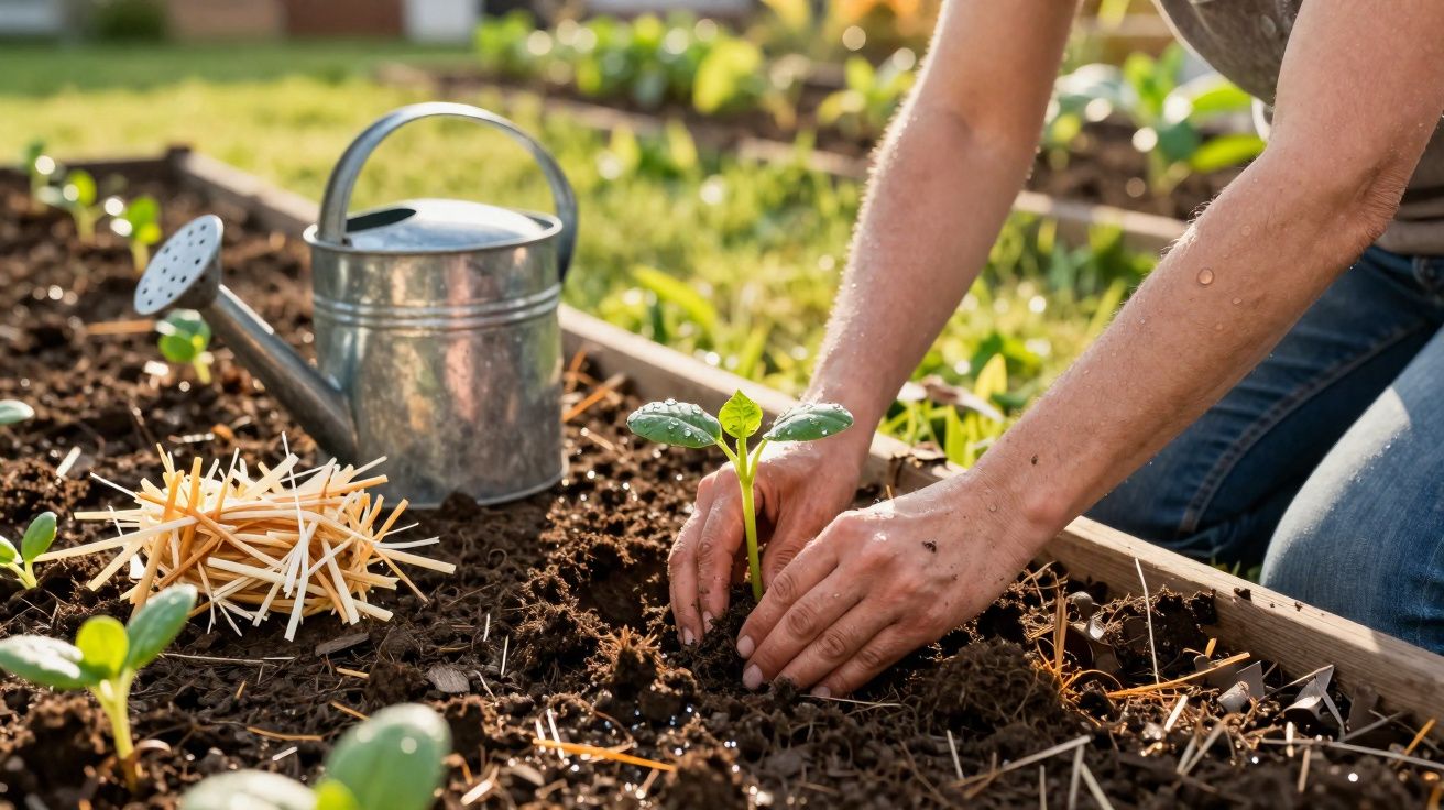 Pessoa a plantar uma muda em solo húmido com regador metálico e palhinhas junto no jardim.