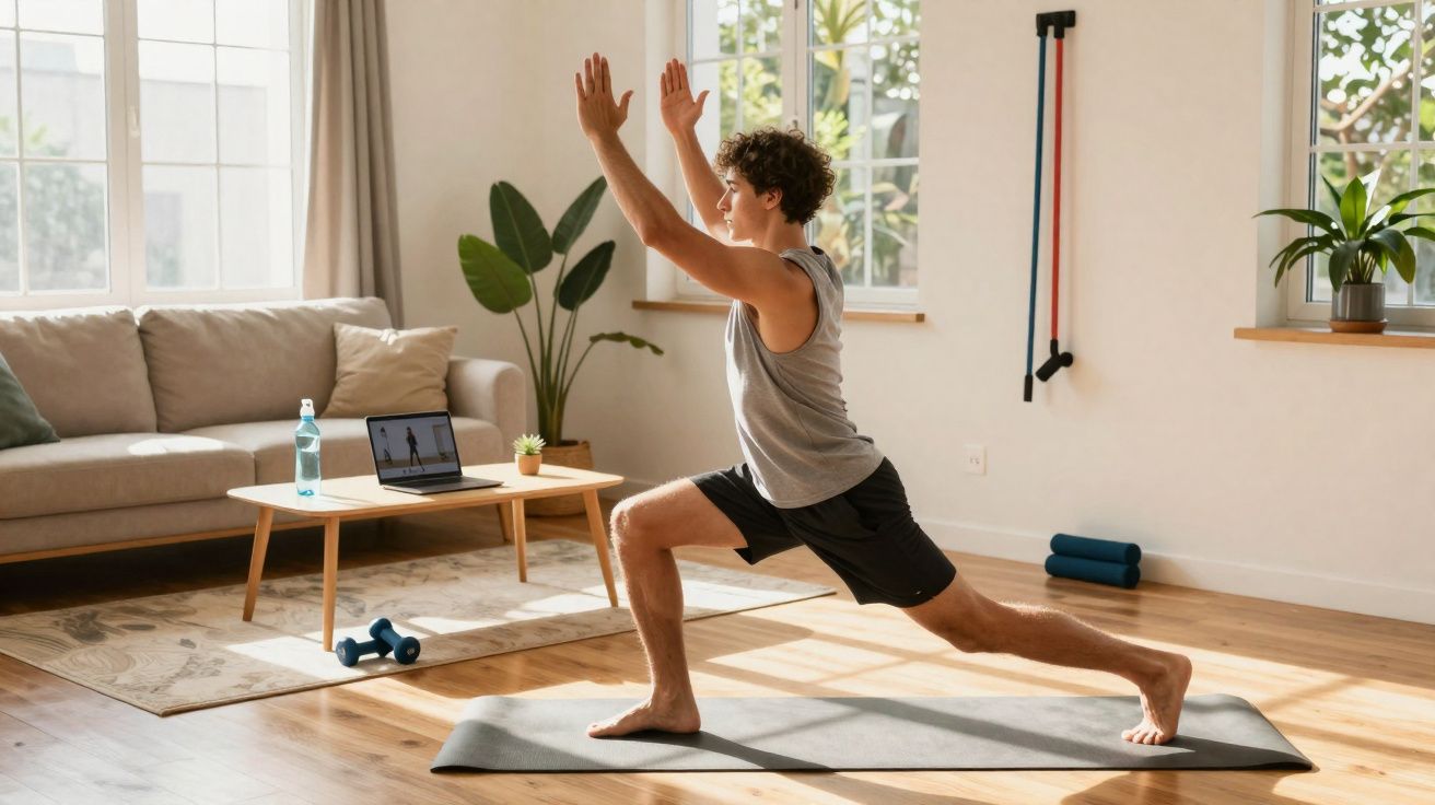 Homem a fazer alongamentos num tapete de yoga em casa, seguindo treino no portátil.