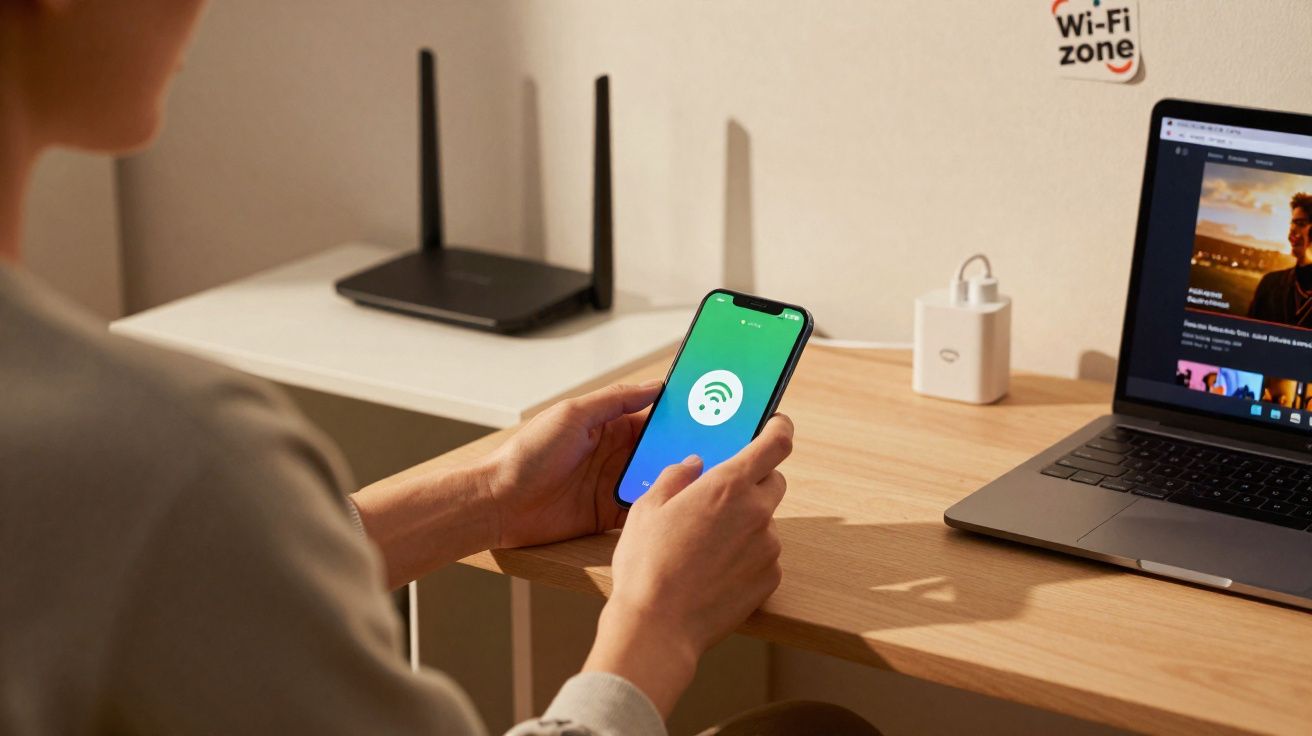 Pessoa a segurar um telemóvel com ícone de Wi-Fi, ao lado de computador portátil e router numa mesa.
