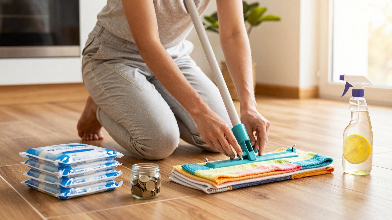 Pessoa a preparar um esfregão para limpar chão de madeira com produtos de limpeza e moedas ao lado.