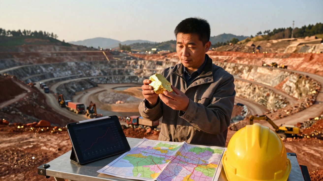 Homem a analisar minério com mapa, capacete e tablet numa mina a céu aberto ao entardecer.