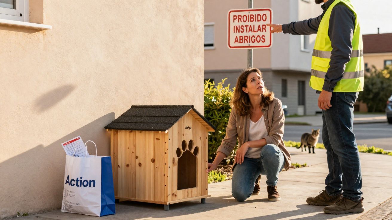 Mulher ajoelhada ao lado de casa para animais, homem com colete amarelo aponta para placa proibindo instalação de abrigos.
