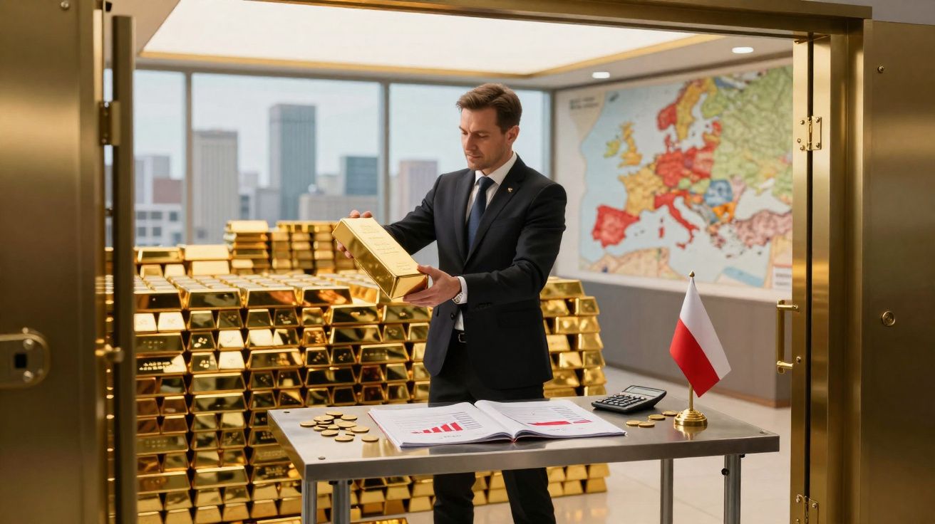 Homem de fato com barra de ouro numa sala segura com muitas barras de ouro e mapa da Europa ao fundo.