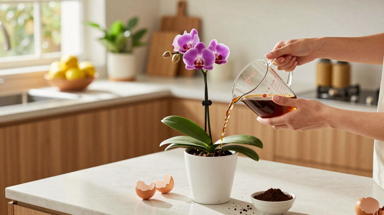 Pessoa a regar planta orquídea roxa com café na cozinha, mesa com cascas de ovos e café moído.