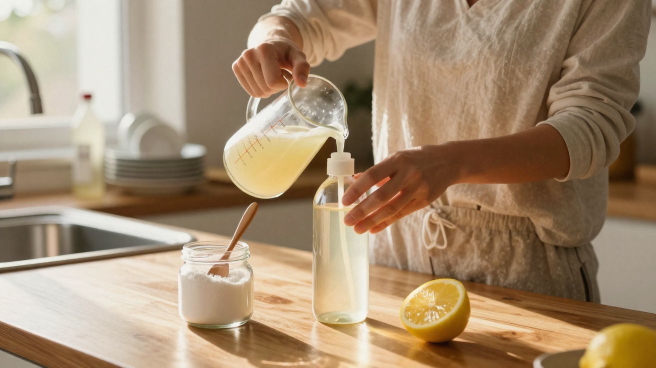 Pessoa a preparar detergente caseiro com limão e bicarbonato de sódio numa cozinha iluminada.