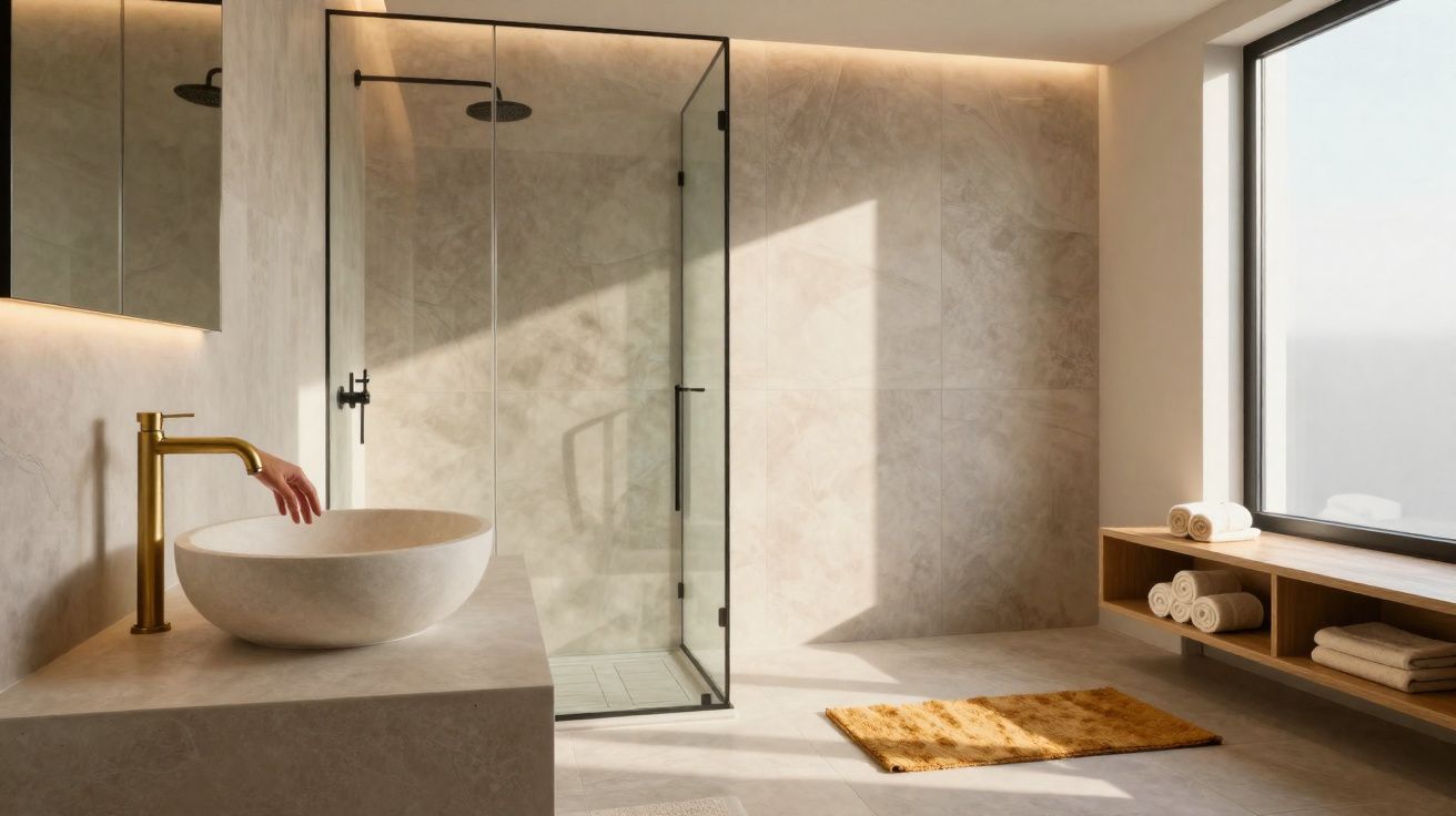 Casa de banho moderna com lavatório redondo, torneira dourada, base de duche em vidro e janelas grandes.