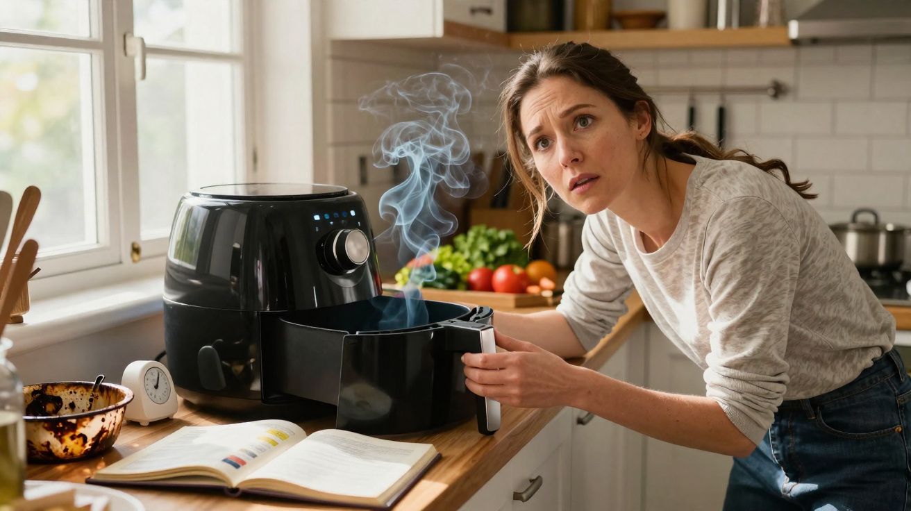 Mulher preocupada a abrir uma airfryer a fumegar numa cozinha moderna com legumes ao fundo.