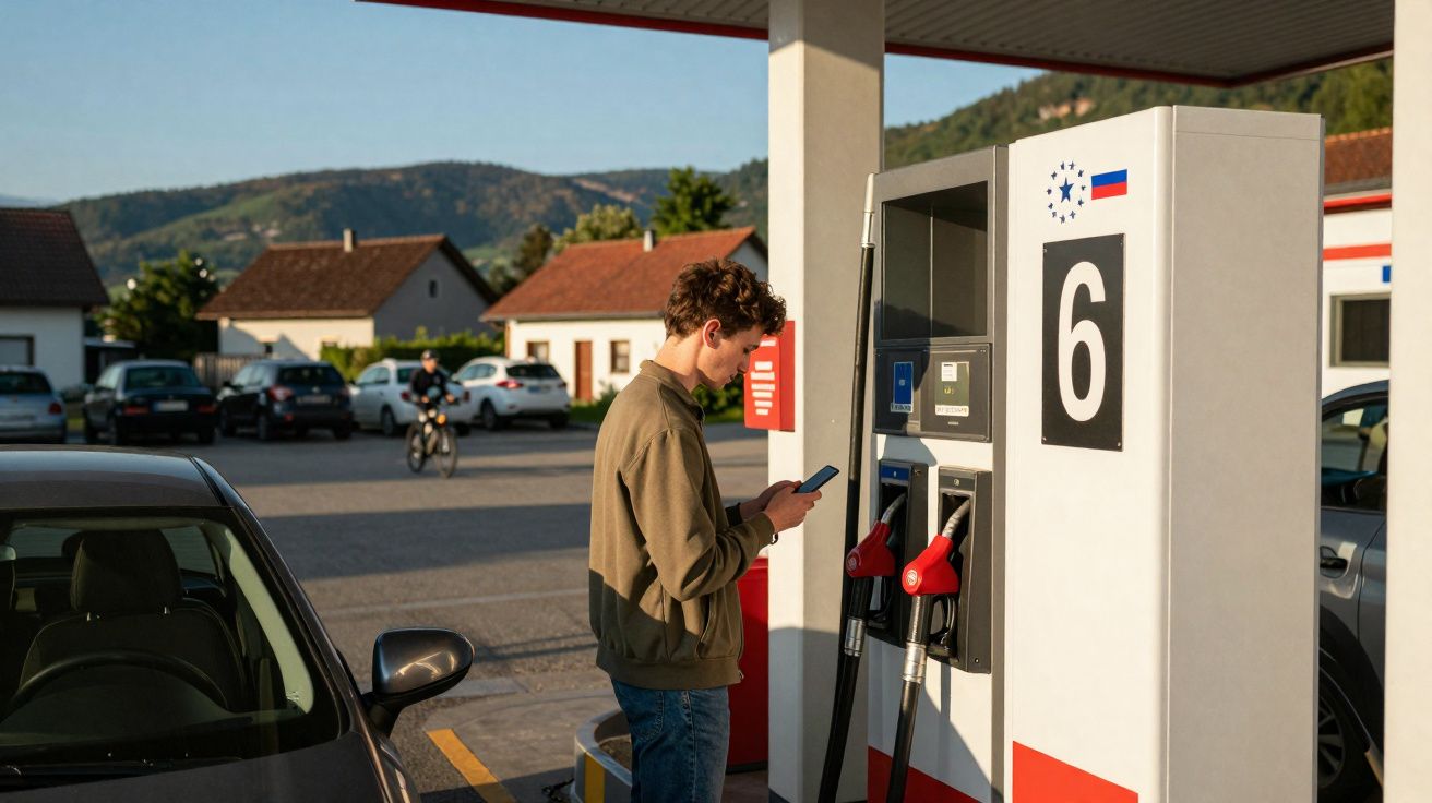 Homem jovem a usar o telemóvel junto a bomba de combustível na estação de serviço, num dia soalheiro.