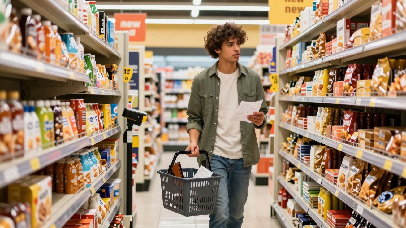 Jovem com lista de compras e cesto a andar por corredor de supermercado entre prateleiras com produtos alimentares.