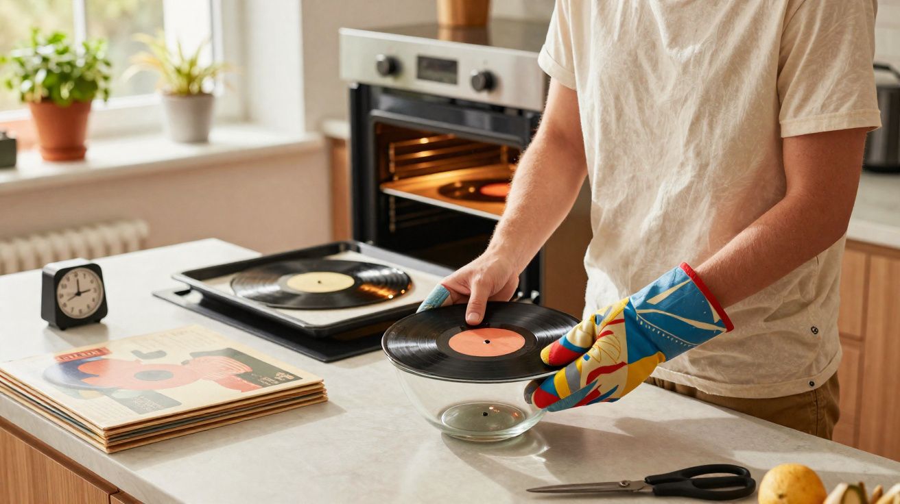 Pessoa a retirar disco de vinil do forno para limpeza numa cozinha moderna.