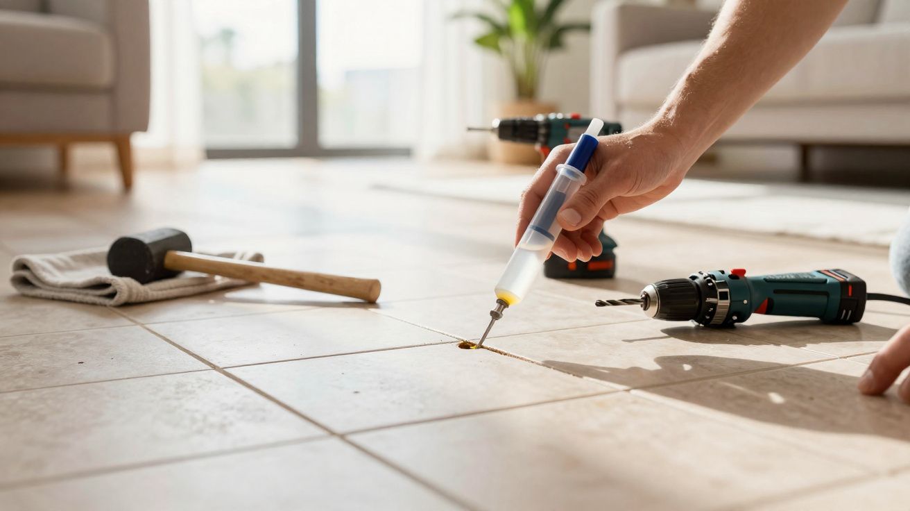 Pessoa aplicando resina em piso de cerâmica para reparar rachadura, com ferramentas ao lado.