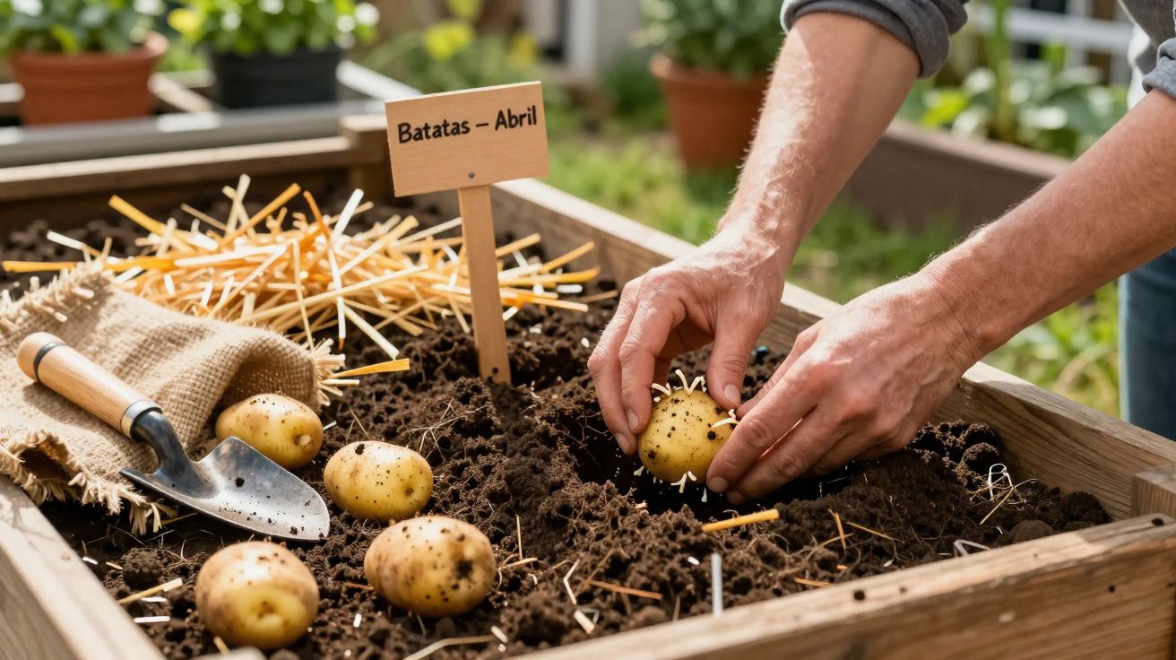 Mãos a plantar batatas numa horta elevada com placa escrita "Batatas – Abril" e ferramentas de jardinagem.