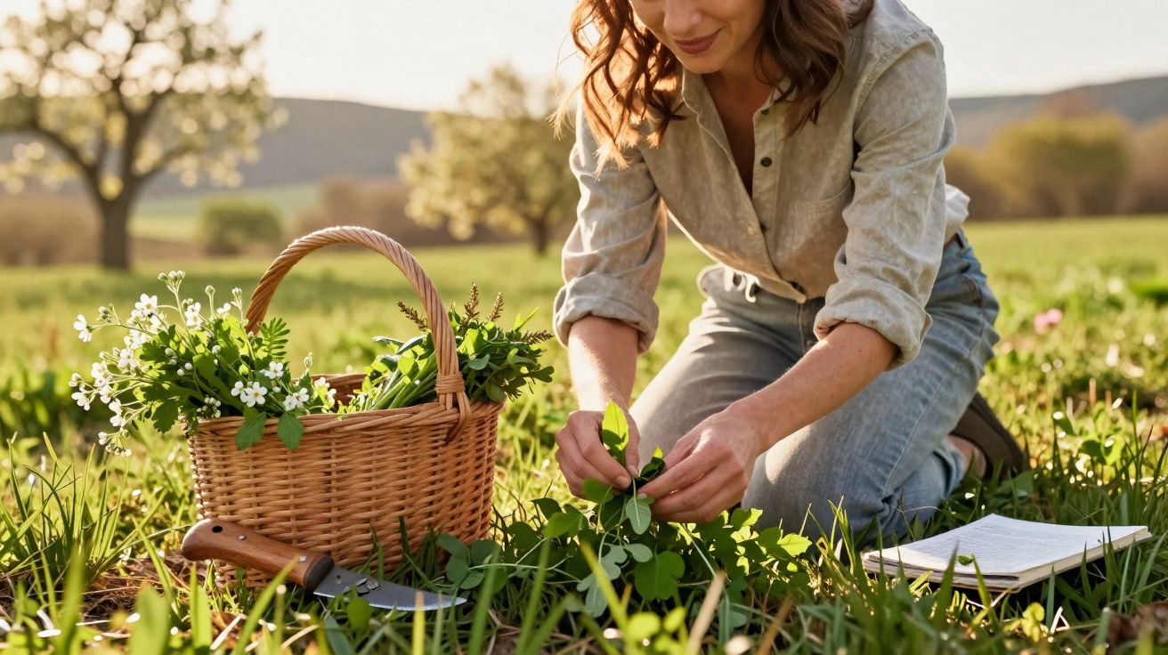 Mulher a recolher ervas frescas numa paisagem campestre com cesto e caderno ao lado.