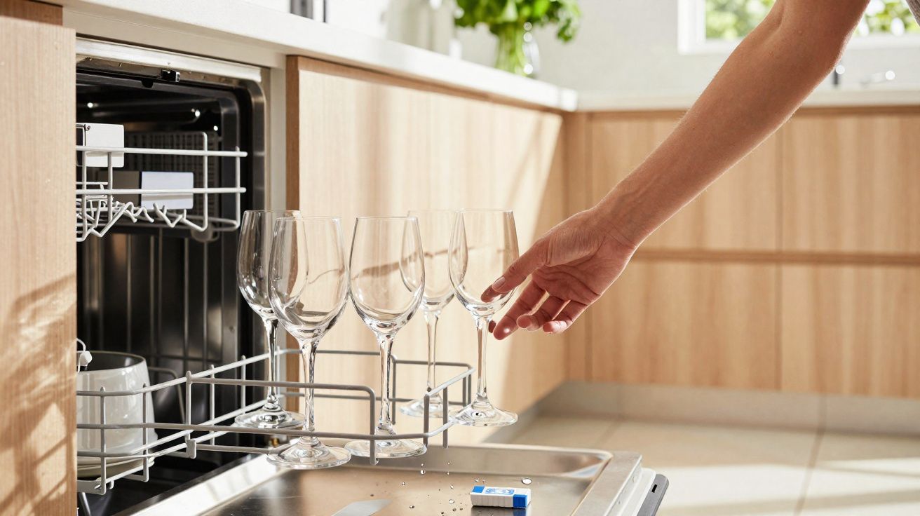 Pessoa a retirar copos de vinho de uma máquina de lavar louça numa cozinha moderna.