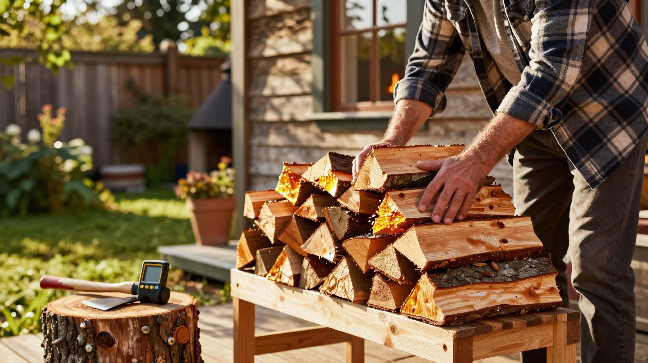 Pessoa empilhando lenha cortada em madeira num suporte ao ar livre, com machado e termómetro numa tora próxima.